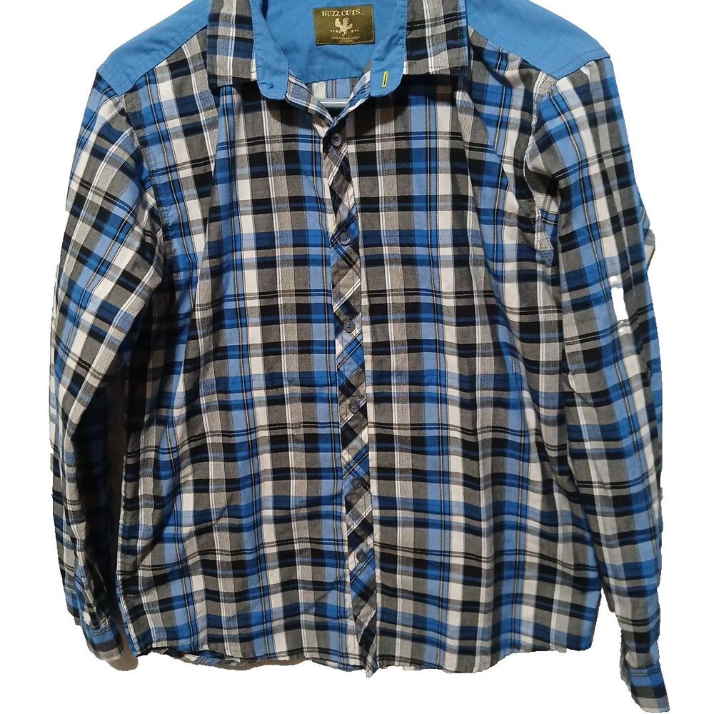 Buzz Cuts Boys Plaid Button Up Shirt Boys Size Large 14-16 Blues Western
